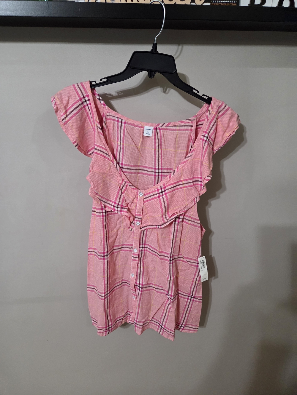 Old Navy Pink Plaid Ruffle Button-Front Blouse